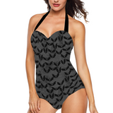 Grauer und schwarzer Fledermaus-Einteiler-Badeanzug für Damen mit Neckholder
