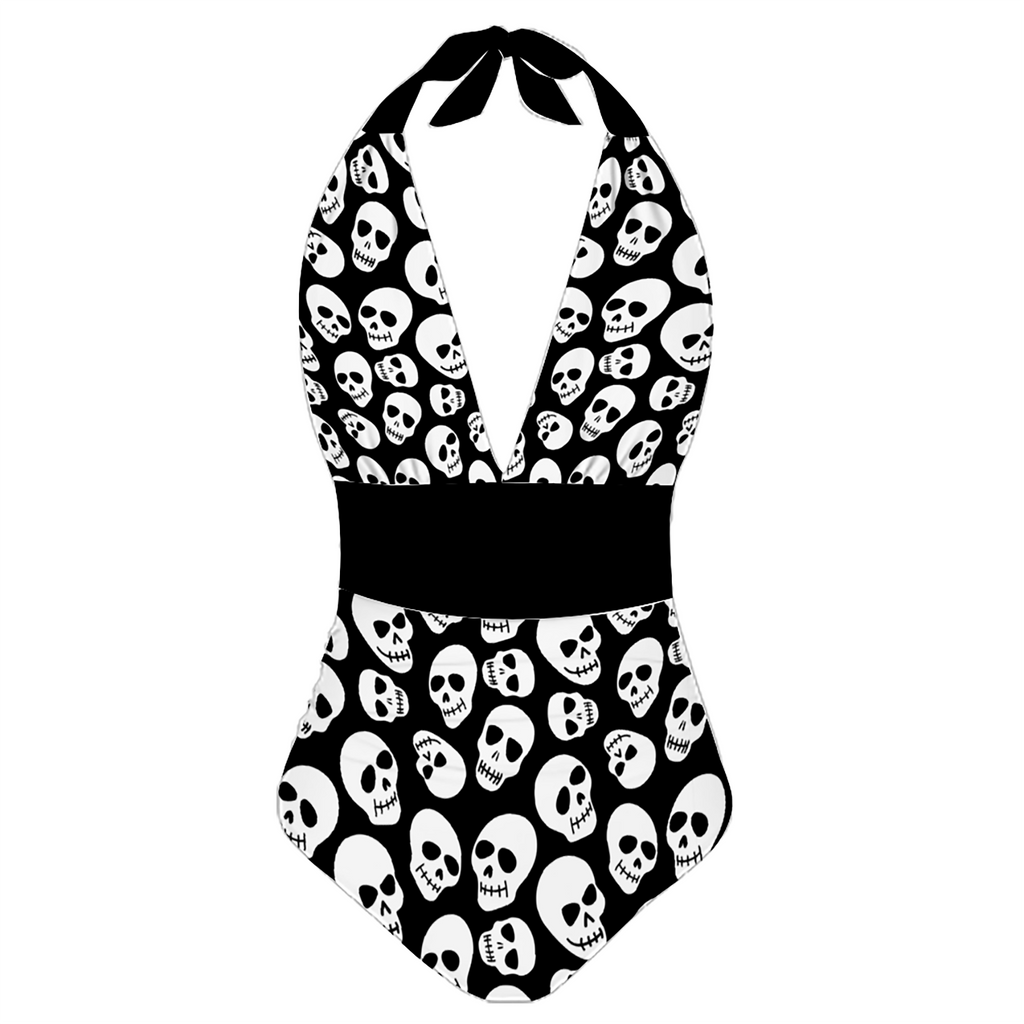 Zwart-wit schedel-halternekbadpak in gotische stijl