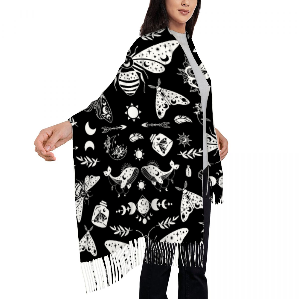 Warm Winter Scarf Celestial Witchy Goth Moth Tassled Scarf Shawl