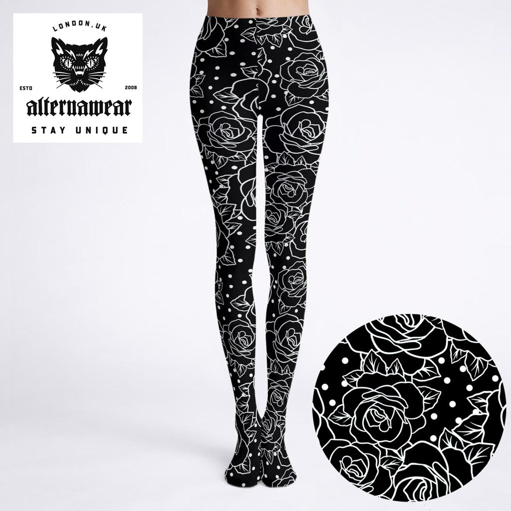 Black White Roses Statement Tights