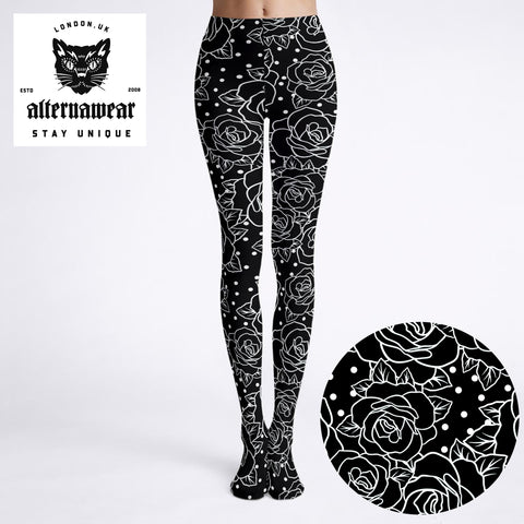 Black White Roses Statement Tights
