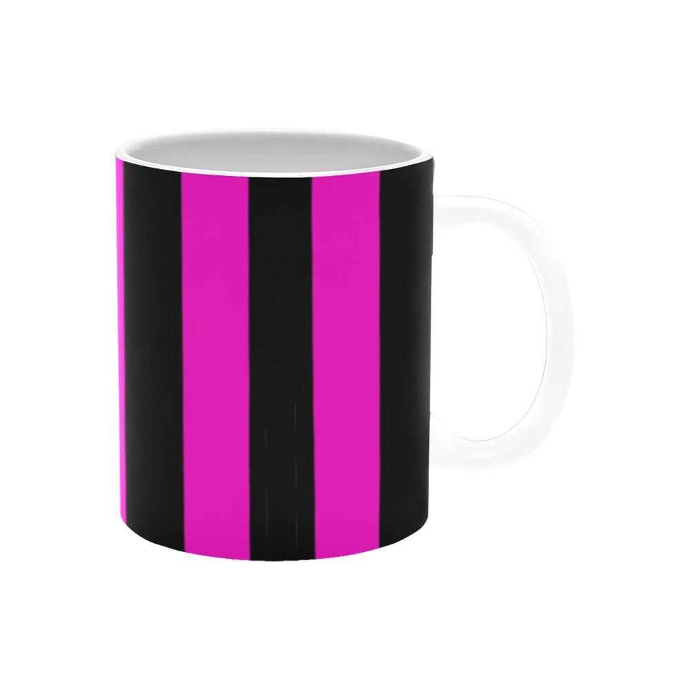 pink and black striped coffee mug with white handle