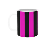 pink and black striped coffee mug with white handle on the left