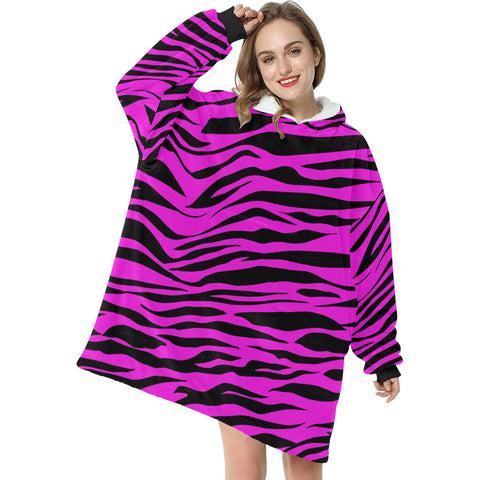 Roze zebraprint deken hoodie volwassenen en kindermaten