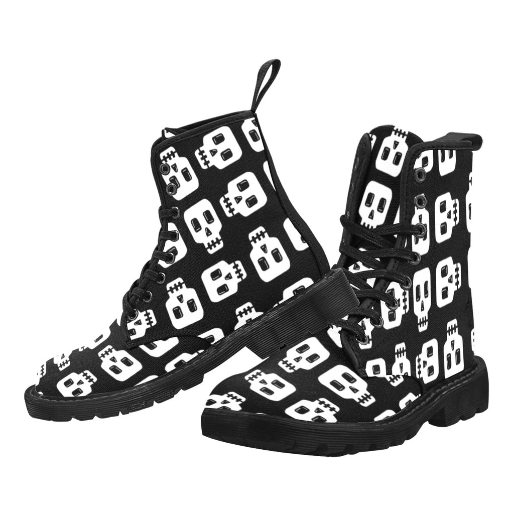 Schwarz-weiße Damen-Schnürstiefel aus Segeltuch mit Block-Totenkopf-Print