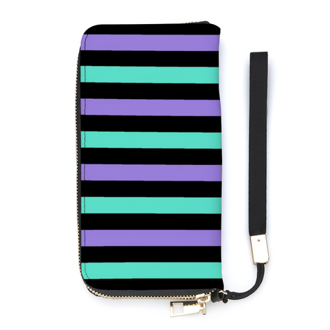 aqua, purple and black striped zipped purse