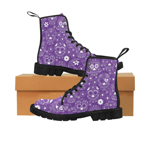 Purple Sugar Skulls Print Ladies Lace Up Boots