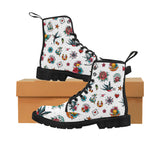 White Retro Tattoo Print Ladies Lace up Boots