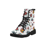 White Retro Tattoo Print Ladies Lace up Boots