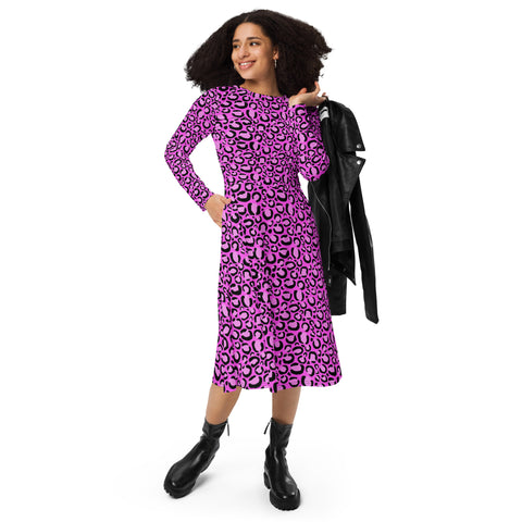 Roze luipaardprint dames midi-jurk met all-over print, lange mouwen en zakken
