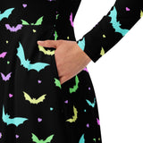 Pastellfarbenes Fledermaus-Damen-Midikleid mit langen Ärmeln und Taschen
