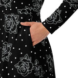 Black Roses & Dots All-over Print Long Sleeve Midi Dress with Pockets