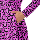 Roze luipaardprint dames midi-jurk met all-over print, lange mouwen en zakken