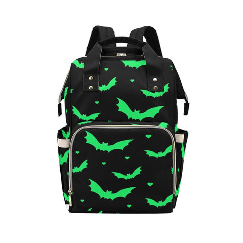 front shot of black change diaper bag with bright green bat and mini heart print