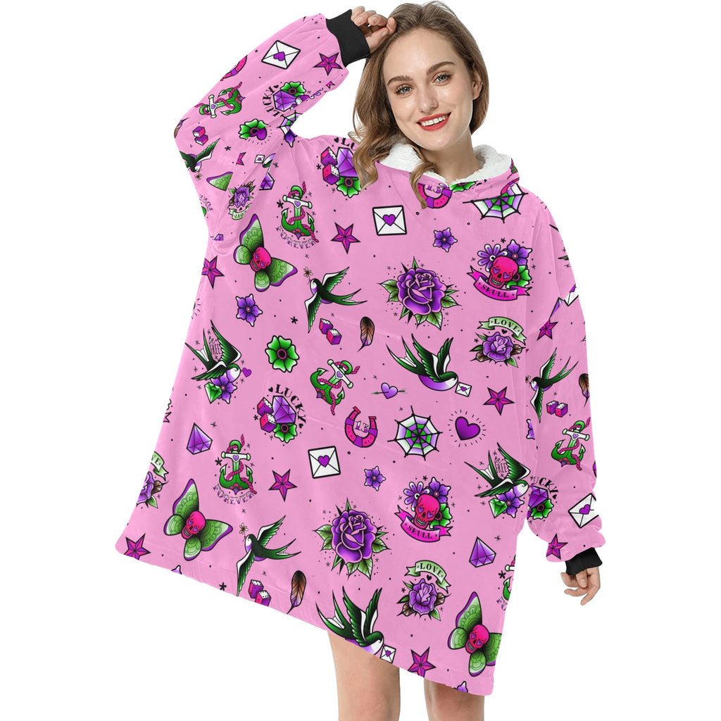 Roze retro tattoo print deken hoodie volwassenen en kindermaten