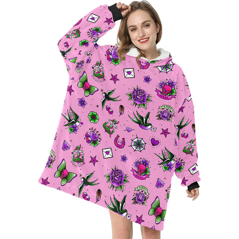 Pink Retro Tattoo Print Blanket Hoodie Adults & Kids Sizes