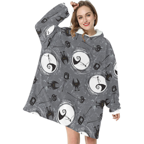 Grey Nightmare Before Christmas Print Blanket Hoodie Adults & Kids Sizes