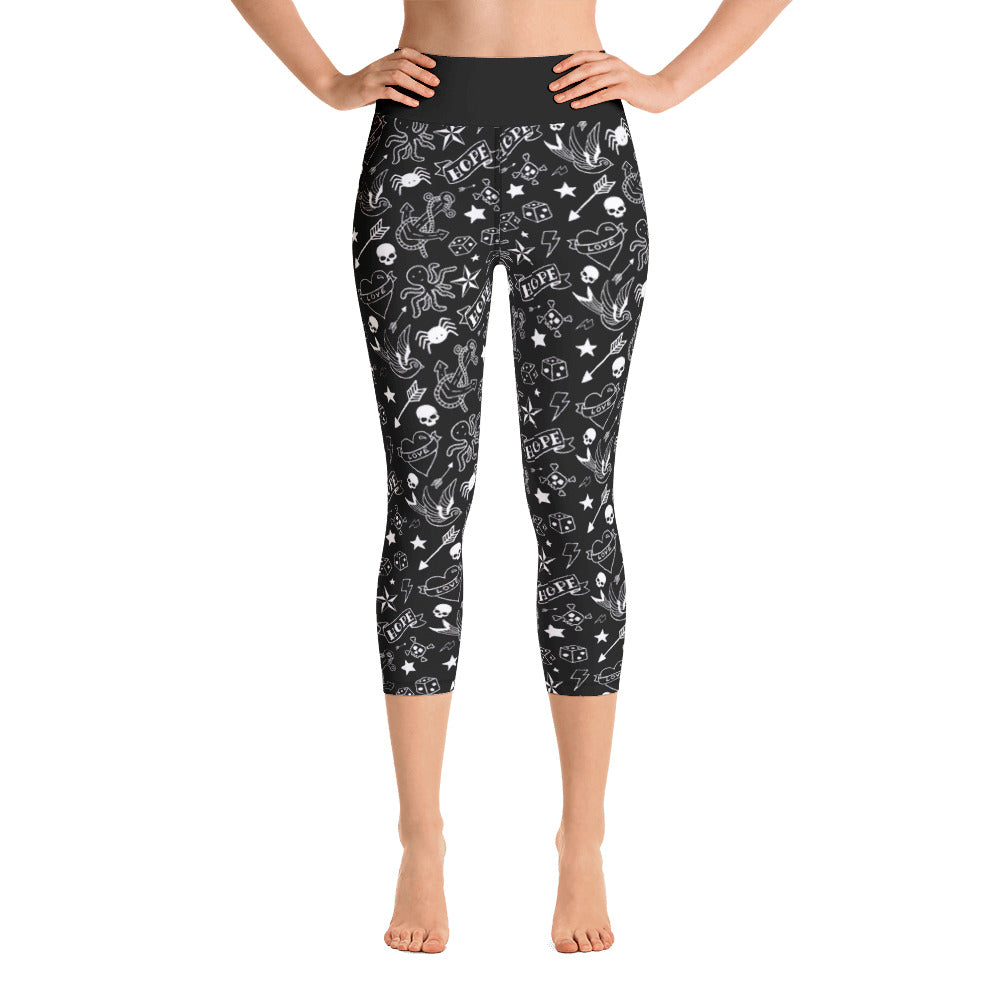 Zwart-witte tattoo-print dames yoga capri-legging