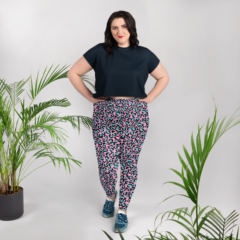 Damen-Yoga-Leggings mit Allover-Print in Rosa und Blau mit Leopardenmuster in Übergröße