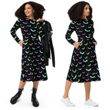 Pastel Bat Ladies Long Sleeve Midi Dress with Pockets